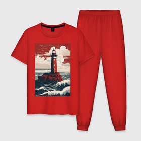 Мужская пижама хлопок с принтом Маяк стоящий на скале , 100% хлопок | брюки и футболка прямого кроя, без карманов, на брюках мягкая резинка на поясе и по низу штанин
 | 