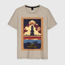 Мужская футболка хлопок с принтом Моаи с острова Рапа Нуи в Кировске, 100% хлопок | прямой крой, круглый вырез горловины, длина до линии бедер, слегка спущенное плечо. | 