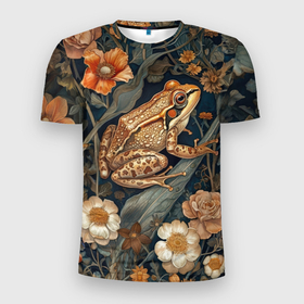 Мужская футболка 3D Slim с принтом Садовая жаба в Тюмени, 100% полиэстер с улучшенными характеристиками | приталенный силуэт, круглая горловина, широкие плечи, сужается к линии бедра | жаба | лягушка | природа | сад | фауна | флора | цветы
