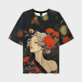 Мужская футболка oversize 3D с принтом Спящая девушка с цветами в Кировске,  |  | Тематика изображения на принте: 