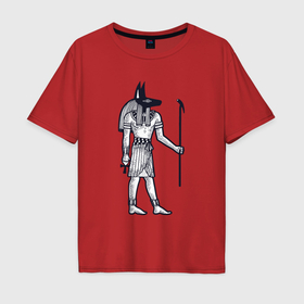 Мужская футболка хлопок Oversize с принтом Египетский Анубис в Тюмени, 100% хлопок | свободный крой, круглый ворот, “спинка” длиннее передней части | Тематика изображения на принте: 