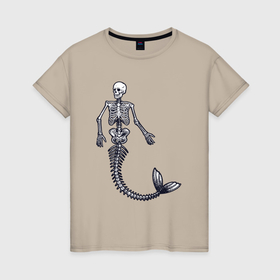 Женская футболка хлопок с принтом Скелет русалки в Петрозаводске, 100% хлопок | прямой крой, круглый вырез горловины, длина до линии бедер, слегка спущенное плечо | 