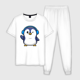 Мужская пижама хлопок с принтом Привет от пингвина в Курске, 100% хлопок | брюки и футболка прямого кроя, без карманов, на брюках мягкая резинка на поясе и по низу штанин
 | Тематика изображения на принте: 