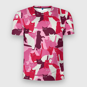 Мужская футболка 3D Slim с принтом Розовый кошачий камуфляж в Петрозаводске, 100% полиэстер с улучшенными характеристиками | приталенный силуэт, круглая горловина, широкие плечи, сужается к линии бедра | 