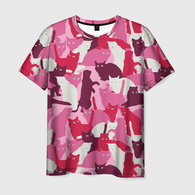 Мужская футболка 3D с принтом Розовый кошачий камуфляж в Рязани, 100% полиэфир | прямой крой, круглый вырез горловины, длина до линии бедер | Тематика изображения на принте: 