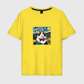 Мужская футболка хлопок Oversize с принтом Кот в стиле Ван Гог в Санкт-Петербурге, 100% хлопок | свободный крой, круглый ворот, “спинка” длиннее передней части | 