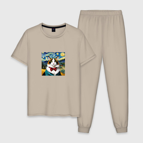 Мужская пижама хлопок с принтом Кот в стиле Ван Гог в Новосибирске, 100% хлопок | брюки и футболка прямого кроя, без карманов, на брюках мягкая резинка на поясе и по низу штанин
 | 