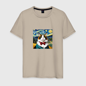 Мужская футболка хлопок с принтом Кот в стиле Ван Гог в Новосибирске, 100% хлопок | прямой крой, круглый вырез горловины, длина до линии бедер, слегка спущенное плечо. | 