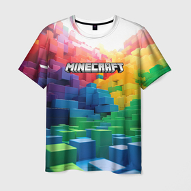 Мужская футболка 3D с принтом Minecraft logo радужный мир в Курске, 100% полиэфир | прямой крой, круглый вырез горловины, длина до линии бедер | 