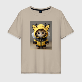 Мужская футболка хлопок Oversize с принтом Котик в костюме пчелы в Екатеринбурге, 100% хлопок | свободный крой, круглый ворот, “спинка” длиннее передней части | 