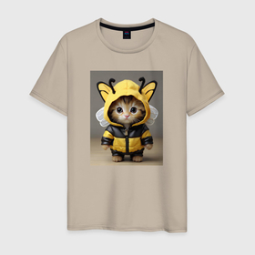 Мужская футболка хлопок с принтом Котик в костюме пчелы в Тюмени, 100% хлопок | прямой крой, круглый вырез горловины, длина до линии бедер, слегка спущенное плечо. | 