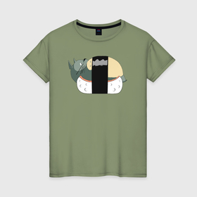 Женская футболка хлопок с принтом Тоторо суши в Белгороде, 100% хлопок | прямой крой, круглый вырез горловины, длина до линии бедер, слегка спущенное плечо | 