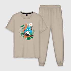 Мужская пижама хлопок с принтом Тоторо с одуванчиком в Тюмени, 100% хлопок | брюки и футболка прямого кроя, без карманов, на брюках мягкая резинка на поясе и по низу штанин
 | 