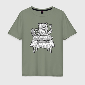 Мужская футболка хлопок Oversize с принтом Обед бобра , 100% хлопок | свободный крой, круглый ворот, “спинка” длиннее передней части | 