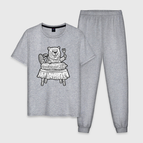 Мужская пижама хлопок с принтом Обед бобра , 100% хлопок | брюки и футболка прямого кроя, без карманов, на брюках мягкая резинка на поясе и по низу штанин
 | 