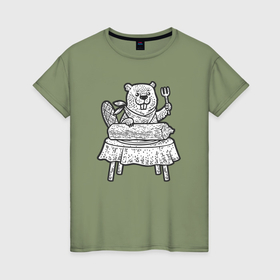 Женская футболка хлопок с принтом Обед бобра , 100% хлопок | прямой крой, круглый вырез горловины, длина до линии бедер, слегка спущенное плечо | 