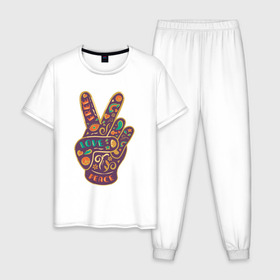 Мужская пижама хлопок с принтом Free love peace в Курске, 100% хлопок | брюки и футболка прямого кроя, без карманов, на брюках мягкая резинка на поясе и по низу штанин
 | Тематика изображения на принте: 