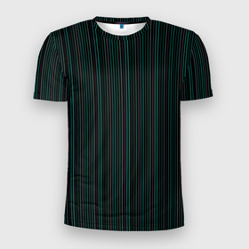 Мужская футболка 3D Slim с принтом Чёрный в тонкую зелёную полоску в Курске, 100% полиэстер с улучшенными характеристиками | приталенный силуэт, круглая горловина, широкие плечи, сужается к линии бедра | Тематика изображения на принте: 