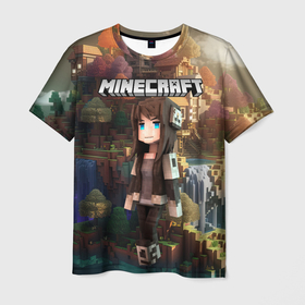 Мужская футболка 3D с принтом Minecraft девушка на острове в Санкт-Петербурге, 100% полиэфир | прямой крой, круглый вырез горловины, длина до линии бедер | 