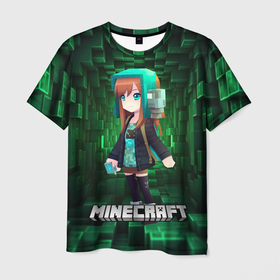 Мужская футболка 3D с принтом Minecraft девушка в зеленом мире в Курске, 100% полиэфир | прямой крой, круглый вырез горловины, длина до линии бедер | 