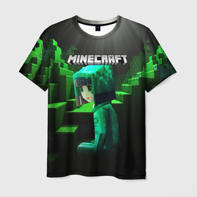 Мужская футболка 3D с принтом Minecraft девушка и зеленые ступени блоки тропинки в Курске, 100% полиэфир | прямой крой, круглый вырез горловины, длина до линии бедер | 