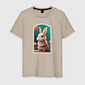 Мужская футболка хлопок с принтом Пушистый маленький кролик в Санкт-Петербурге, 100% хлопок | прямой крой, круглый вырез горловины, длина до линии бедер, слегка спущенное плечо. | Тематика изображения на принте: 