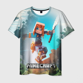 Мужская футболка 3D с принтом Персонаж Minecraft с мечом в Тюмени, 100% полиэфир | прямой крой, круглый вырез горловины, длина до линии бедер | Тематика изображения на принте: 