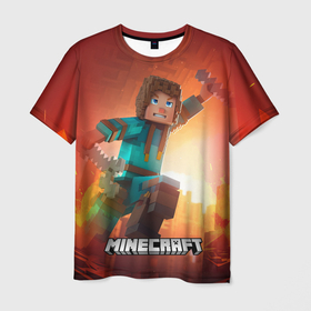 Мужская футболка 3D с принтом Персонаж Minecraft пробирается сквозь огонь , 100% полиэфир | прямой крой, круглый вырез горловины, длина до линии бедер | Тематика изображения на принте: 