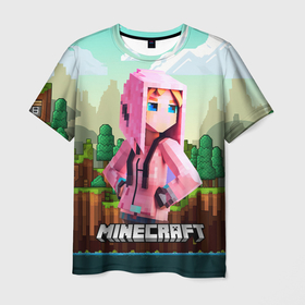 Мужская футболка 3D с принтом Персонаж Minecraft  девушка в пиксельном мире , 100% полиэфир | прямой крой, круглый вырез горловины, длина до линии бедер | 