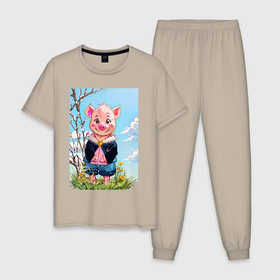 Мужская пижама хлопок с принтом Поросёнок весной в Тюмени, 100% хлопок | брюки и футболка прямого кроя, без карманов, на брюках мягкая резинка на поясе и по низу штанин
 | 