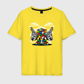 Мужская футболка хлопок Oversize с принтом Кубик Рубика с пистолетами в Санкт-Петербурге, 100% хлопок | свободный крой, круглый ворот, “спинка” длиннее передней части | Тематика изображения на принте: 