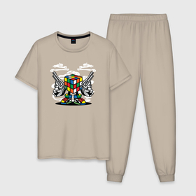 Мужская пижама хлопок с принтом Кубик Рубика с пистолетами , 100% хлопок | брюки и футболка прямого кроя, без карманов, на брюках мягкая резинка на поясе и по низу штанин
 | 