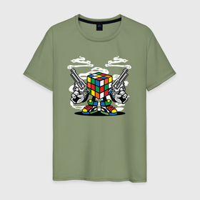 Мужская футболка хлопок с принтом Кубик Рубика с пистолетами в Екатеринбурге, 100% хлопок | прямой крой, круглый вырез горловины, длина до линии бедер, слегка спущенное плечо. | 