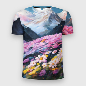 Мужская футболка 3D Slim с принтом Цветочная гора в Новосибирске, 100% полиэстер с улучшенными характеристиками | приталенный силуэт, круглая горловина, широкие плечи, сужается к линии бедра | 