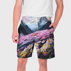 Мужские шорты 3D с принтом Цветочная гора в Белгороде,  полиэстер 100% | прямой крой, два кармана без застежек по бокам. Мягкая трикотажная резинка на поясе, внутри которой широкие завязки. Длина чуть выше колен | 