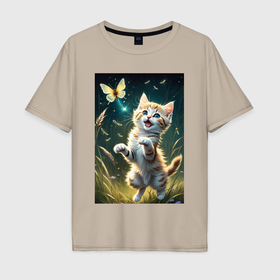 Мужская футболка хлопок Oversize с принтом Котёнок ловит бабочку 1 , 100% хлопок | свободный крой, круглый ворот, “спинка” длиннее передней части | Тематика изображения на принте: 