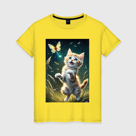 Женская футболка хлопок с принтом Котёнок ловит бабочку 1 в Белгороде, 100% хлопок | прямой крой, круглый вырез горловины, длина до линии бедер, слегка спущенное плечо | 