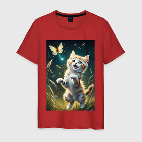 Мужская футболка хлопок с принтом Котёнок ловит бабочку 1 , 100% хлопок | прямой крой, круглый вырез горловины, длина до линии бедер, слегка спущенное плечо. | 
