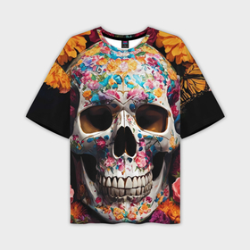 Мужская футболка oversize 3D с принтом Яркие цветы и череп в Санкт-Петербурге,  |  | Тематика изображения на принте: 