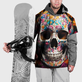 Накидка на куртку 3D с принтом Яркие цветы и череп , 100% полиэстер |  | Тематика изображения на принте: 