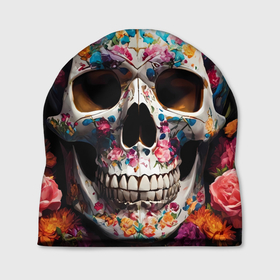 Шапка 3D с принтом Яркие цветы и череп , 100% полиэстер | универсальный размер, печать по всей поверхности изделия | 