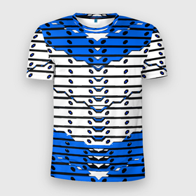 Мужская футболка 3D Slim с принтом Сине белая техно броня в Екатеринбурге, 100% полиэстер с улучшенными характеристиками | приталенный силуэт, круглая горловина, широкие плечи, сужается к линии бедра | 