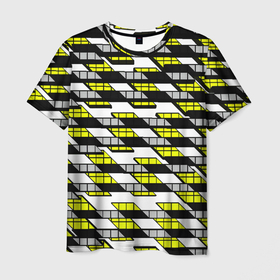 Мужская футболка 3D с принтом Жёлтые треугольники и квадраты на белом фоне в Екатеринбурге, 100% полиэфир | прямой крой, круглый вырез горловины, длина до линии бедер | 