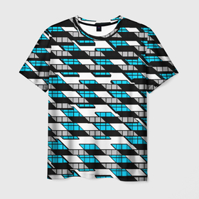 Мужская футболка 3D с принтом Синие треугольники и квадраты на белом фоне в Екатеринбурге, 100% полиэфир | прямой крой, круглый вырез горловины, длина до линии бедер | 