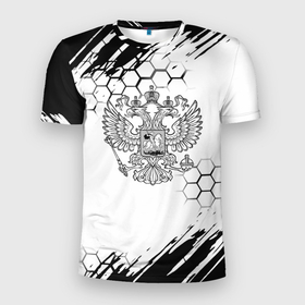 Мужская футболка 3D Slim с принтом Россия будущего герб в Новосибирске, 100% полиэстер с улучшенными характеристиками | приталенный силуэт, круглая горловина, широкие плечи, сужается к линии бедра | 