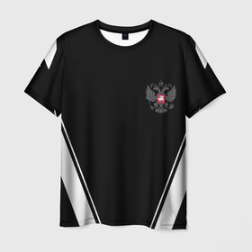 Мужская футболка 3D с принтом Спортивная геометрия герб рф в Санкт-Петербурге, 100% полиэфир | прямой крой, круглый вырез горловины, длина до линии бедер | 