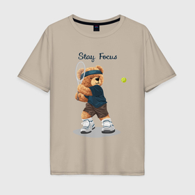 Мужская футболка хлопок Oversize с принтом Плюшевый медвежонок играет в теннис в Кировске, 100% хлопок | свободный крой, круглый ворот, “спинка” длиннее передней части | 