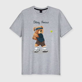 Мужская футболка хлопок Slim с принтом Плюшевый медвежонок играет в теннис в Кировске, 92% хлопок, 8% лайкра | приталенный силуэт, круглый вырез ворота, длина до линии бедра, короткий рукав | 