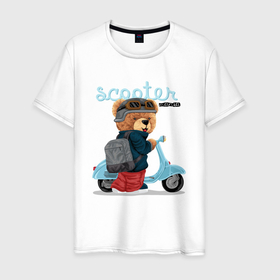 Мужская футболка хлопок с принтом Плюшевый медвежонок и скутер в Курске, 100% хлопок | прямой крой, круглый вырез горловины, длина до линии бедер, слегка спущенное плечо. | Тематика изображения на принте: 