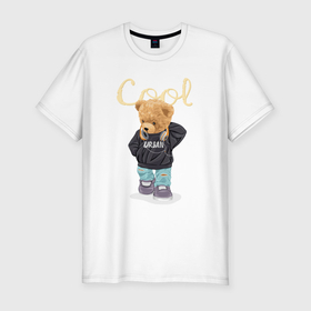 Мужская футболка хлопок Slim с принтом Плюшевый медвежонок в наушниках в Курске, 92% хлопок, 8% лайкра | приталенный силуэт, круглый вырез ворота, длина до линии бедра, короткий рукав | 